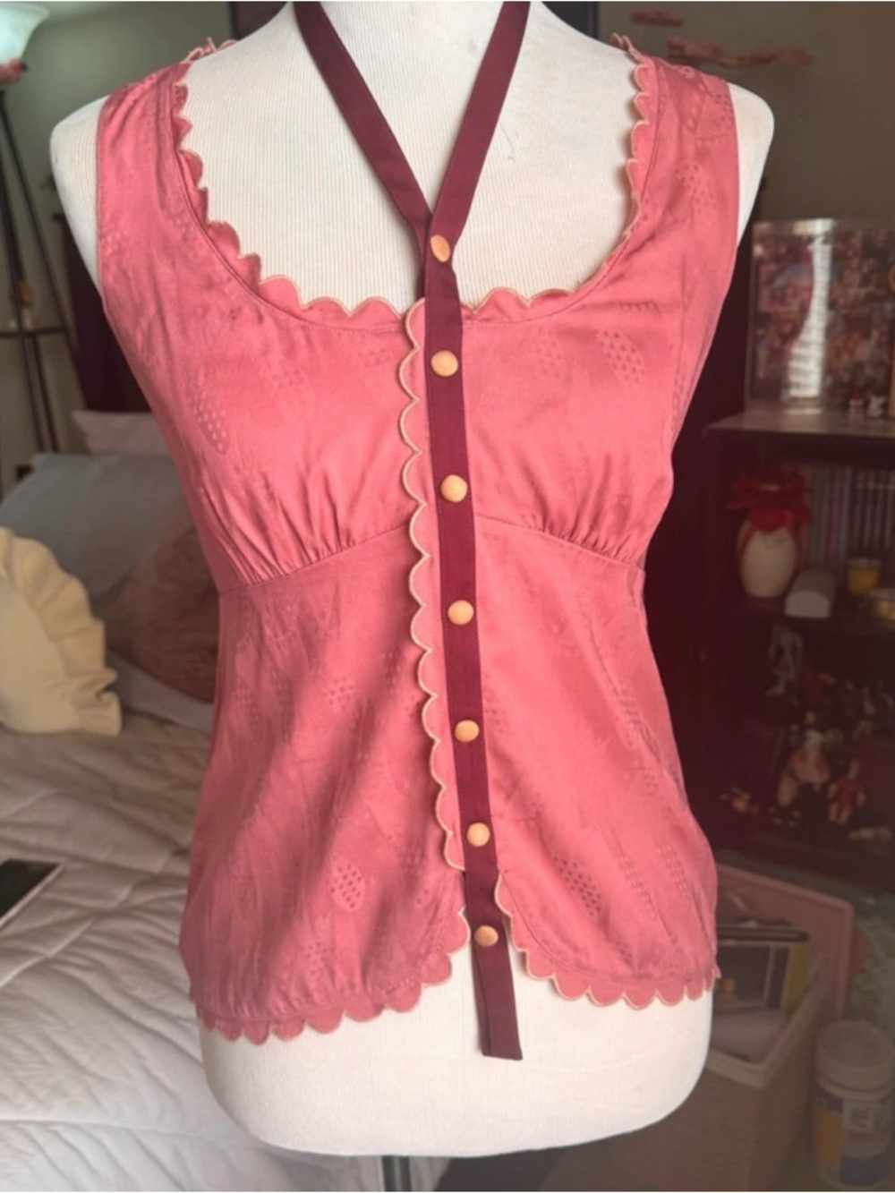 Original Penguin Pink Scallop-Trim Tank with Burgundy Tie